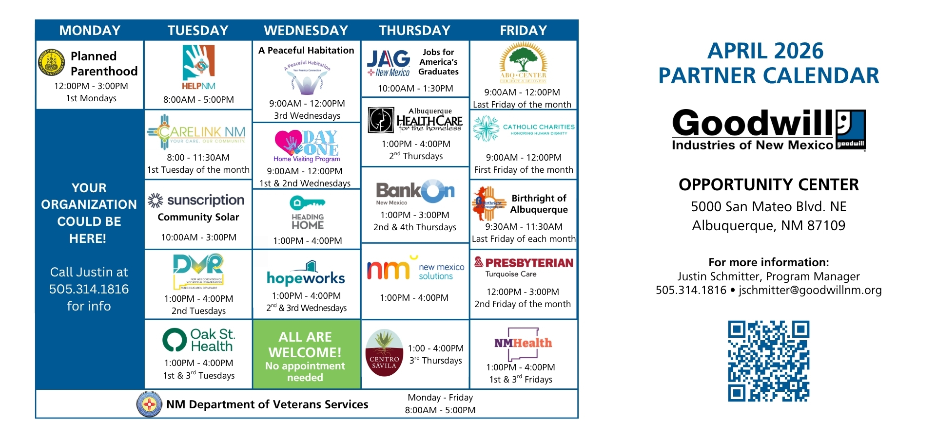 april 2026 calendar of partner organizations onsite at Goodwill New Mexico in April 2026